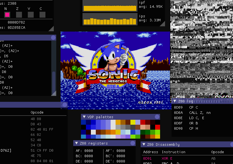 megado screenshot showing Sonic running with debugging tools windows